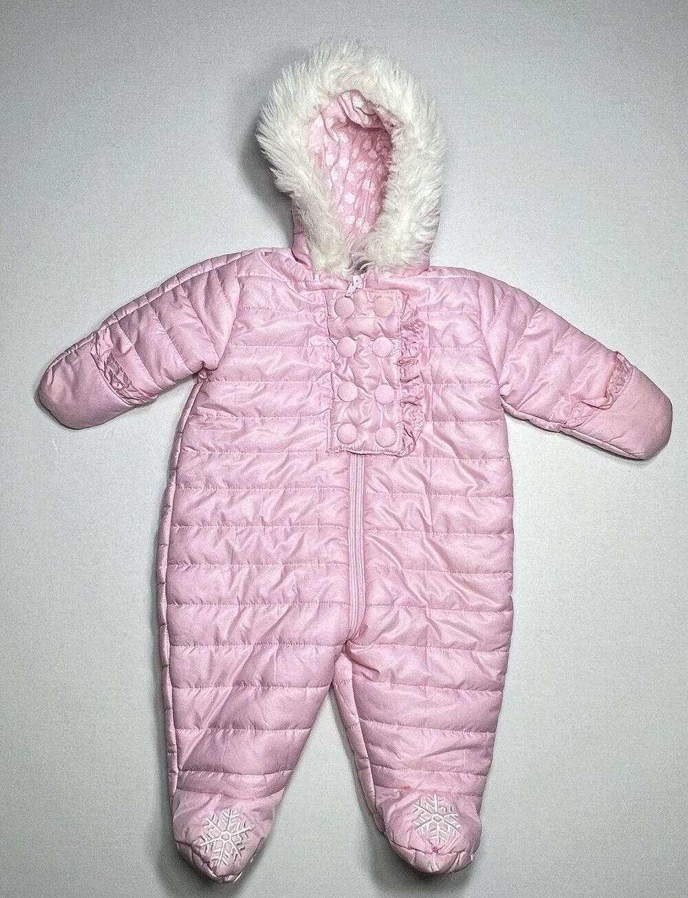 Babies R Us Snowsuit 6 months pink zip button faux fur hood winter snow cotton